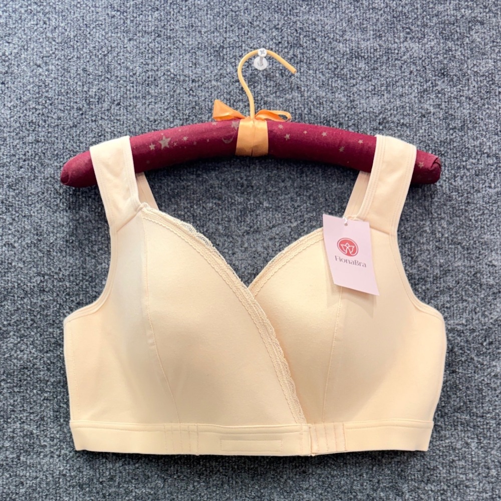 FionaBra Front Closure Wireless Bra Women XL Beige Cotton Lace Comfort Lingerie